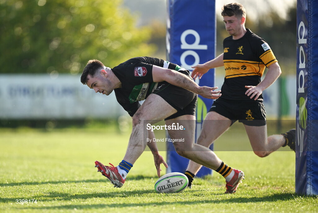 21 March 2026; Jack Walsh of Clonmel scores a try during the Energia All-Ireland League Men's Division 2C match between Malahide RFC and Clonmel RFC at Malahide RFC on Estuary Road in Dublin. Photo by David Fitzgerald/Sportsfile