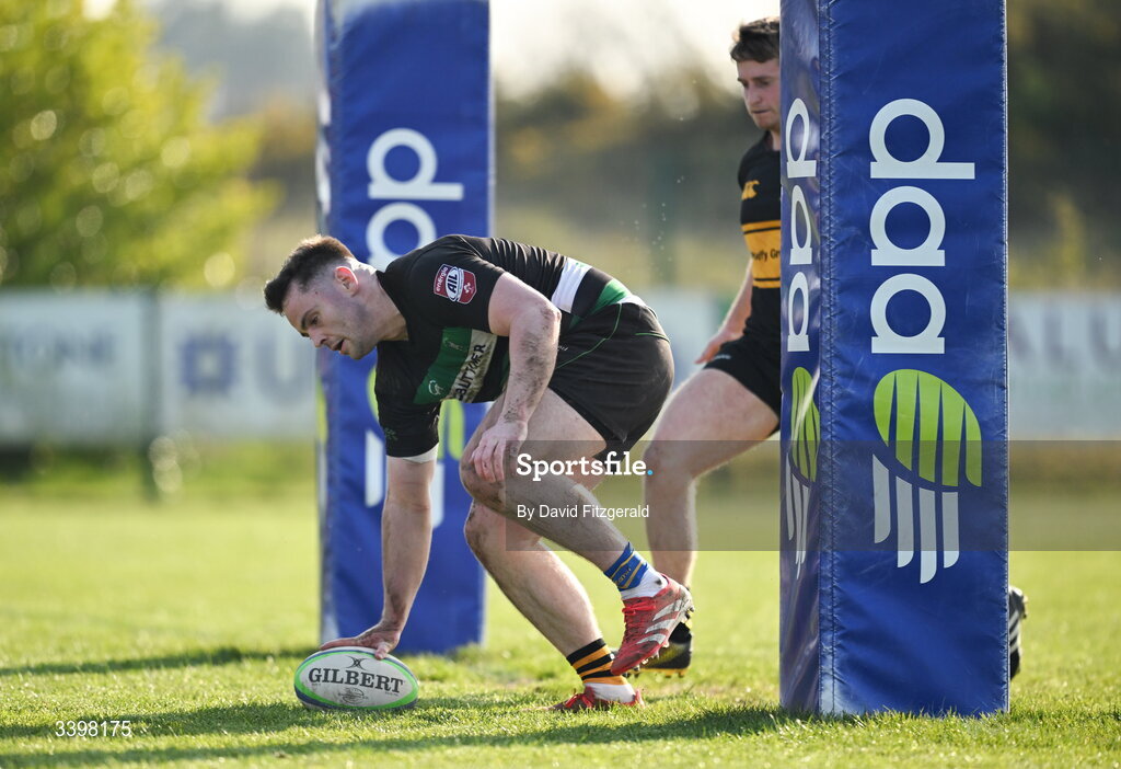 21 March 2026; Jack Walsh of Clonmel scores a try during the Energia All-Ireland League Men's Division 2C match between Malahide RFC and Clonmel RFC at Malahide RFC on Estuary Road in Dublin. Photo by David Fitzgerald/Sportsfile