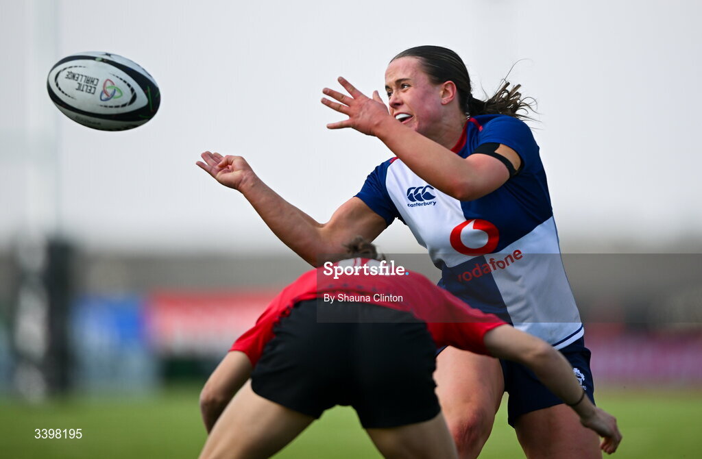 21 March 2026; Robyn O'Connor of Wolfhounds in action against Seren Singleton of Brython Thunder during the Celtic Challenge semi-final match between Wolfhounds and Brython Thunder at Dexcom Stadium in Galway. Photo by Shauna Clinton/Sportsfile