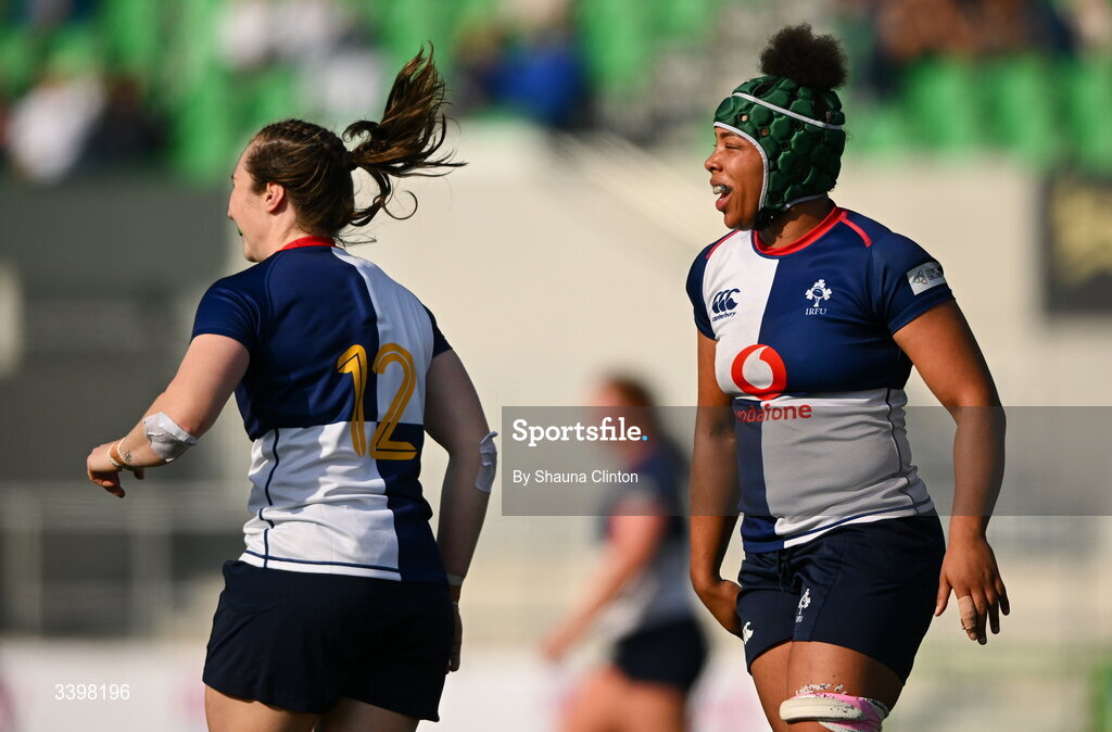21 March 2026; Grace Moore, right, celebrates with team-mate Eve Higgins after she scored their side's fourth try during the Celtic Challenge semi-final match between Wolfhounds and Brython Thunder at Dexcom Stadium in Galway. Photo by Shauna Clinton/Sportsfile