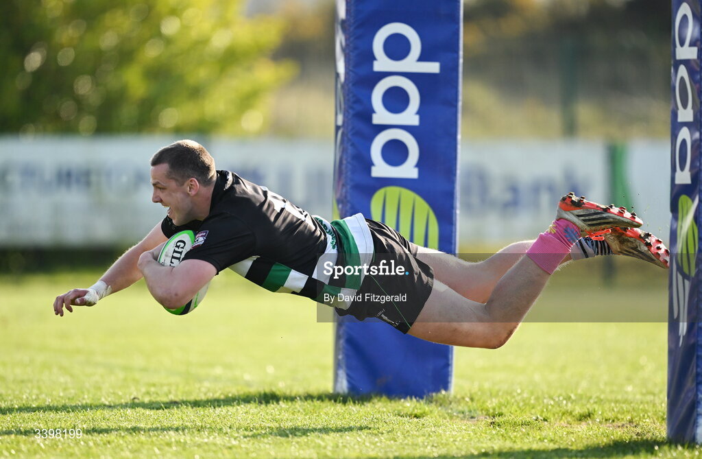 21 March 2026; Henry Buttimer of Clonmel dives over to score a try during the Energia All-Ireland League Men's Division 2C match between Malahide RFC and Clonmel RFC at Malahide RFC on Estuary Road in Dublin. Photo by David Fitzgerald/Sportsfile