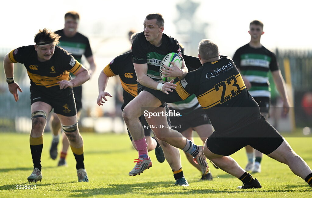 21 March 2026; Henry Buttimer of Clonmel breaks through on his way to scoring a try during the Energia All-Ireland League Men's Division 2C match between Malahide RFC and Clonmel RFC at Malahide RFC on Estuary Road in Dublin. Photo by David Fitzgerald/Sportsfile