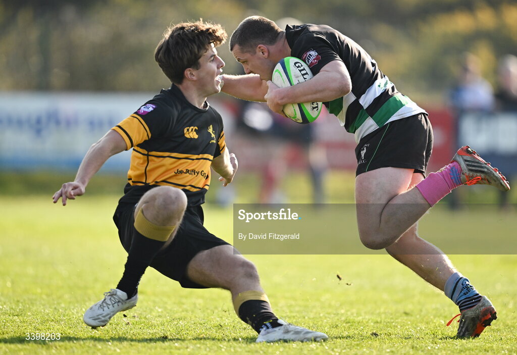 21 March 2026; Henry Buttimer of Clonmel breaks through on his way to scoring a try during the Energia All-Ireland League Men's Division 2C match between Malahide RFC and Clonmel RFC at Malahide RFC on Estuary Road in Dublin. Photo by David Fitzgerald/Sportsfile