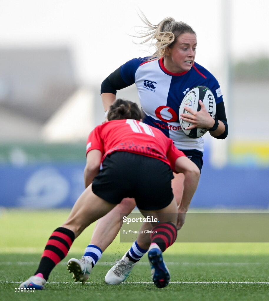 21 March 2026; Stacey Flood of Wolfhounds in action against Seren Singleton of Brython Thunder during the Celtic Challenge semi-final match between Wolfhounds and Brython Thunder at Dexcom Stadium in Galway. Photo by Shauna Clinton/Sportsfile
