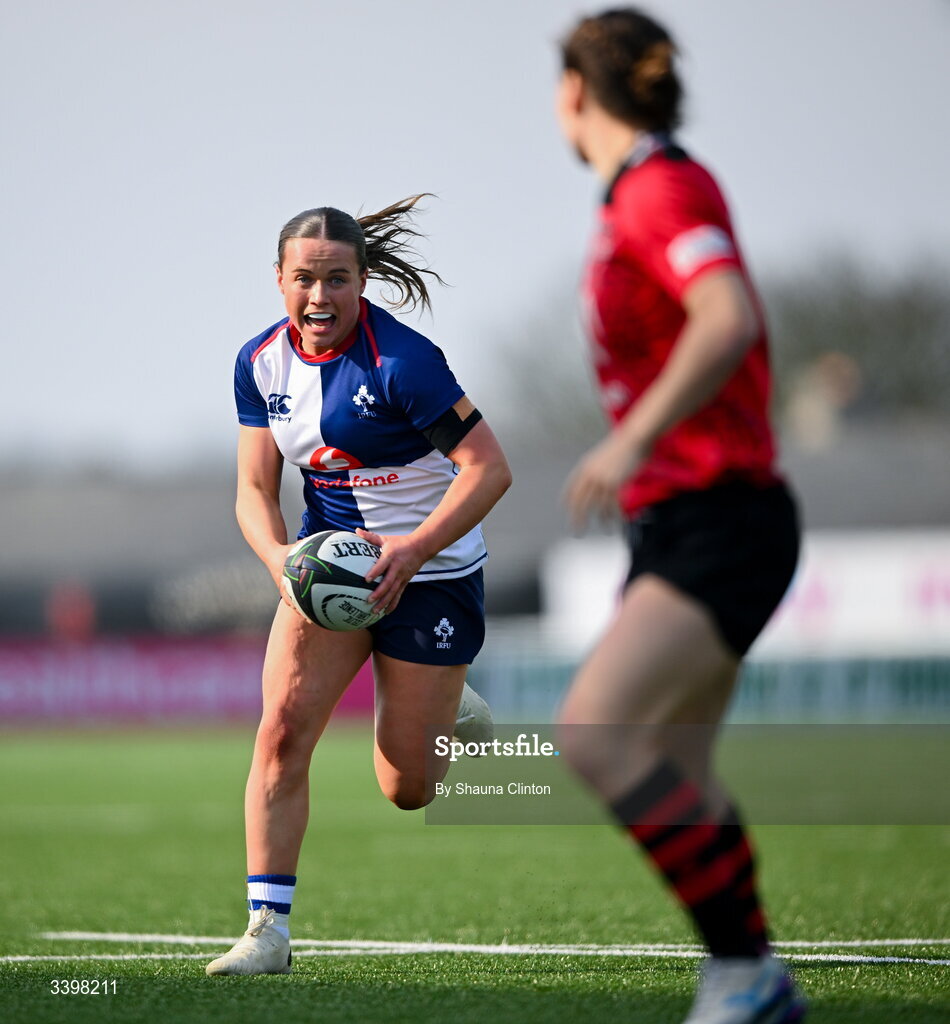 21 March 2026; Robyn O'Connor of Wolfhounds during the Celtic Challenge semi-final match between Wolfhounds and Brython Thunder at Dexcom Stadium in Galway. Photo by Shauna Clinton/Sportsfile