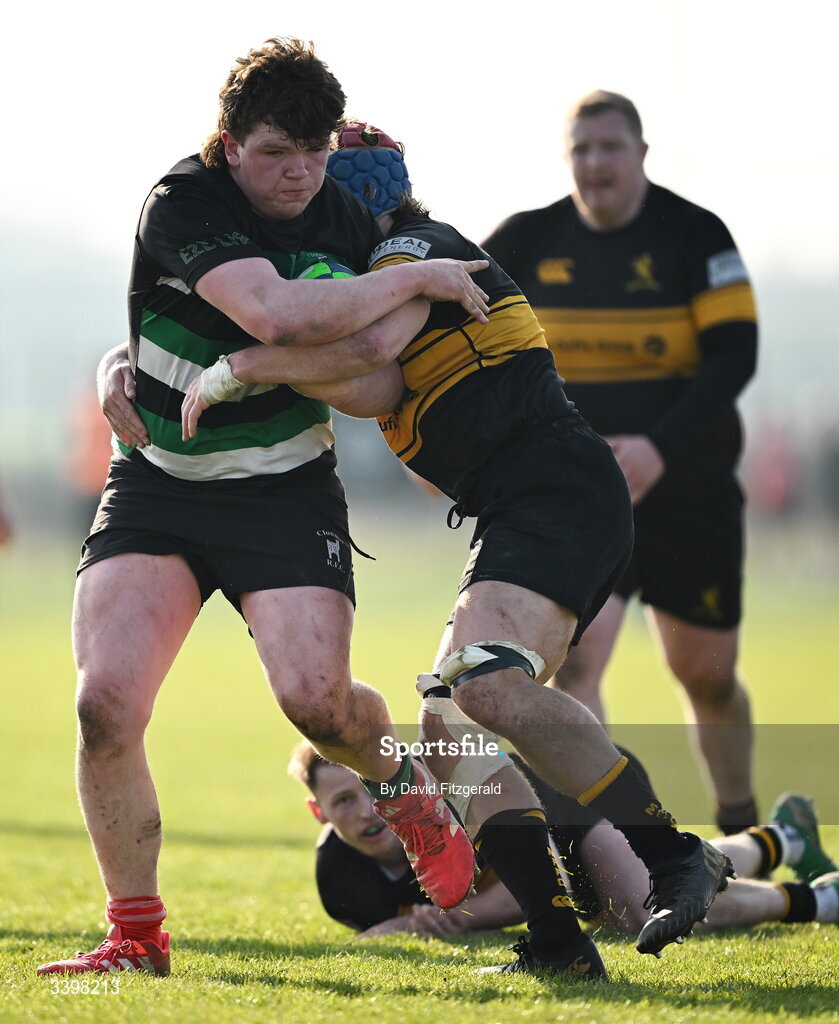 21 March 2026; David Coyne of Clonmel is tackled by Sam Lindeman of Malahide during the Energia All-Ireland League Men's Division 2C match between Malahide RFC and Clonmel RFC at Malahide RFC on Estuary Road in Dublin. Photo by David Fitzgerald/Sportsfile