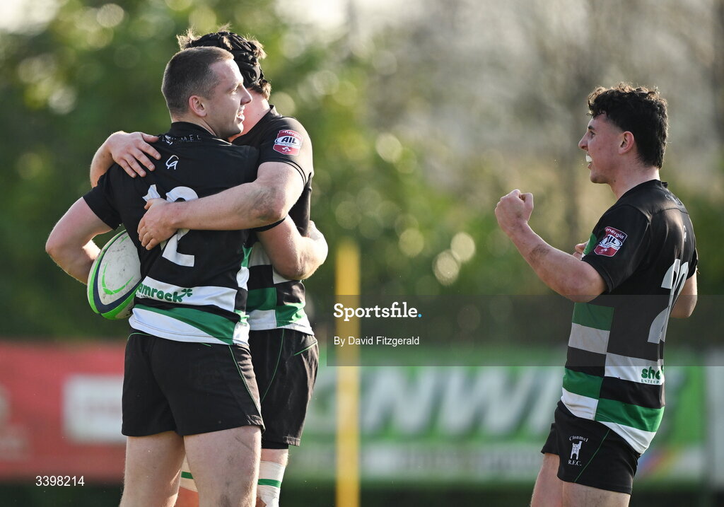 21 March 2026; Henry Buttimer of Clonmel, left, is congratulated by team mates after scoring a try during the Energia All-Ireland League Men's Division 2C match between Malahide RFC and Clonmel RFC at Malahide RFC on Estuary Road in Dublin. Photo by David Fitzgerald/Sportsfile