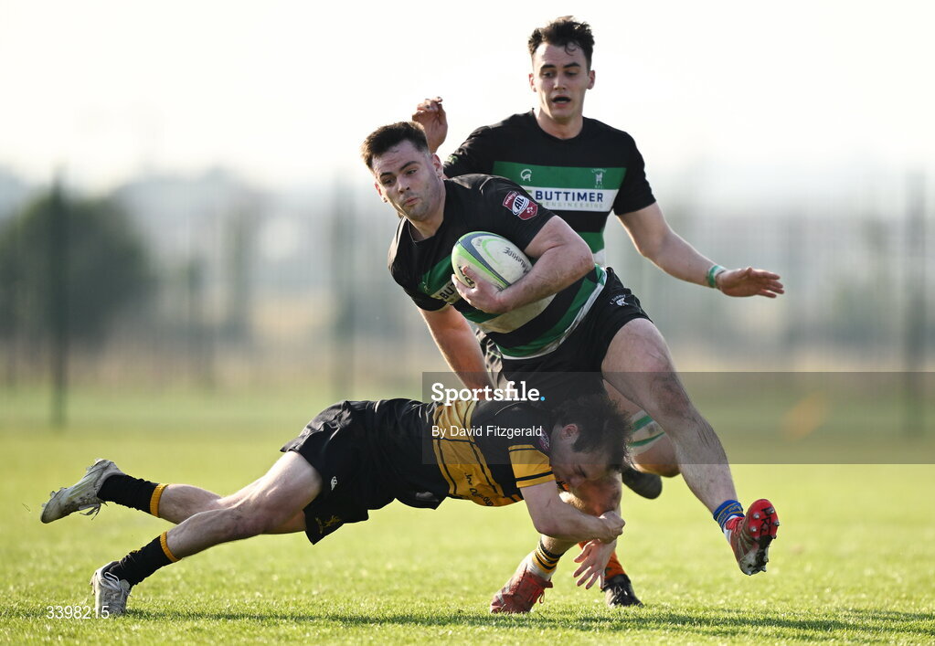 21 March 2026; Jack Walsh of Clonmel is tackled by Conrad Daly of Malahide during the Energia All-Ireland League Men's Division 2C match between Malahide RFC and Clonmel RFC at Malahide RFC on Estuary Road in Dublin. Photo by David Fitzgerald/Sportsfile