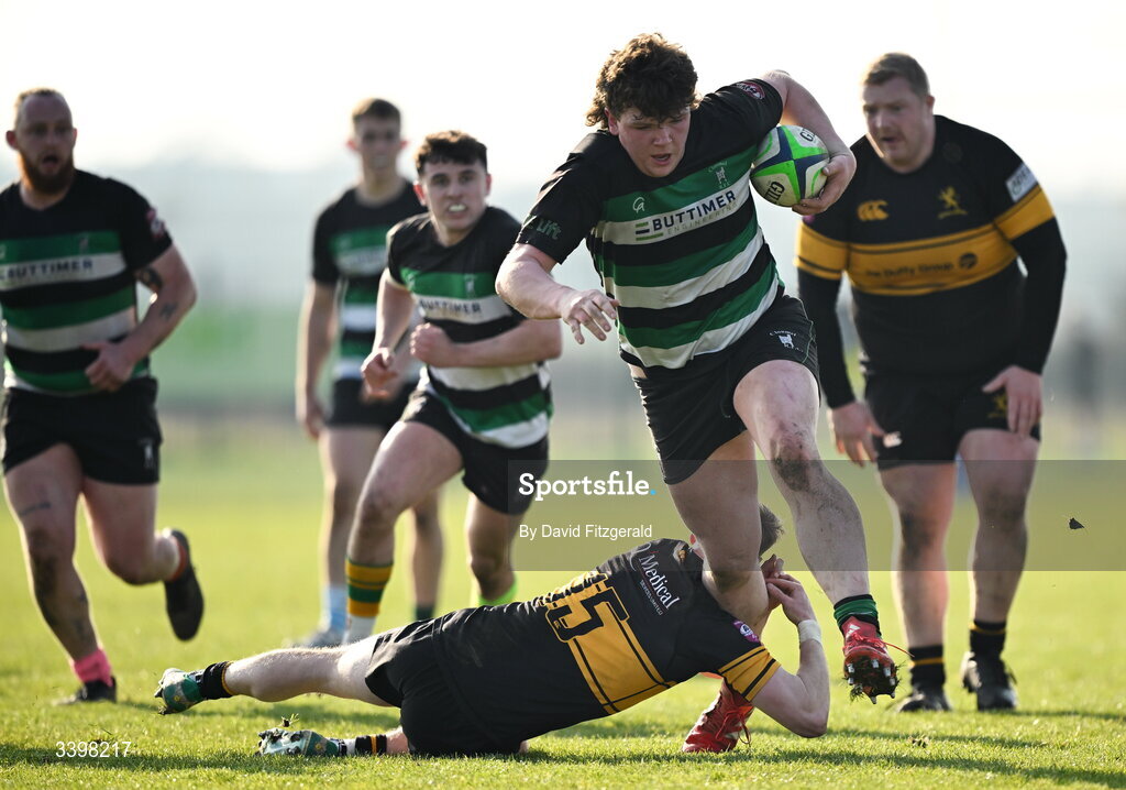 21 March 2026; David Coyne of Clonmel is tackled by James McKeown of Malahide during the Energia All-Ireland League Men's Division 2C match between Malahide RFC and Clonmel RFC at Malahide RFC on Estuary Road in Dublin. Photo by David Fitzgerald/Sportsfile