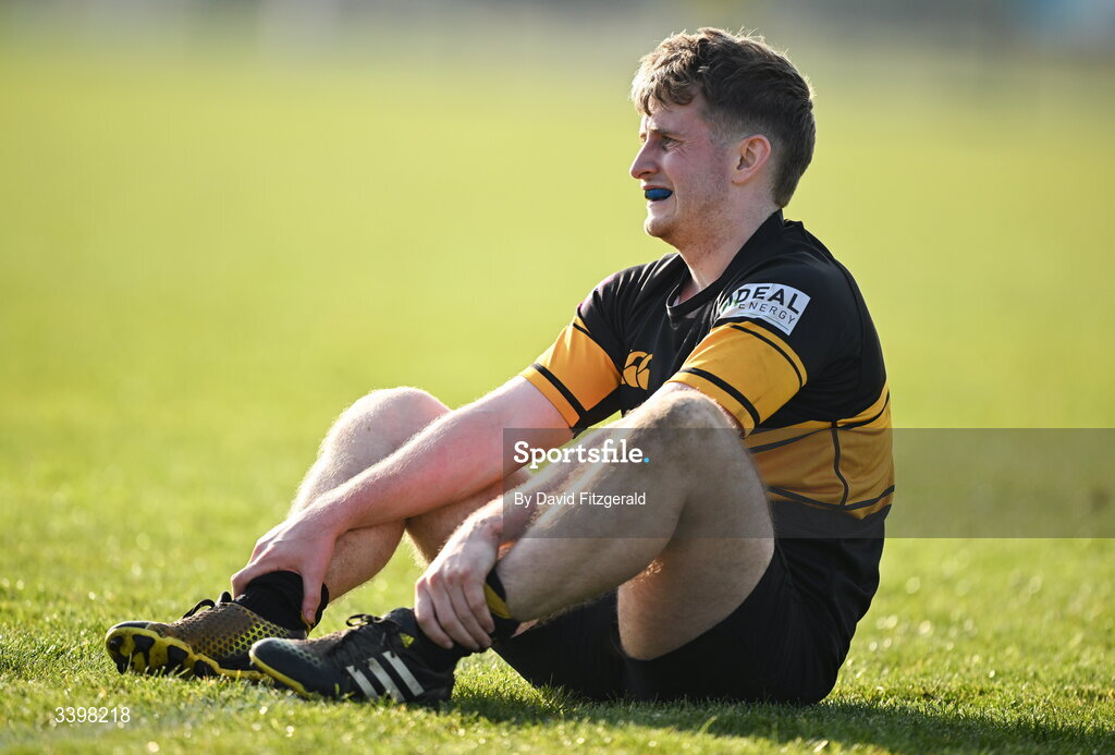 21 March 2026; Michael Hanley of Malahide reacts during the Energia All-Ireland League Men's Division 2C match between Malahide RFC and Clonmel RFC at Malahide RFC on Estuary Road in Dublin. Photo by David Fitzgerald/Sportsfile