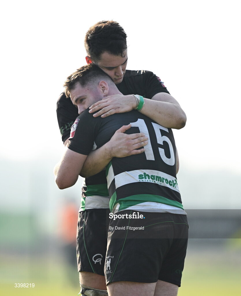 21 March 2026; Zak Cahalane, left, and Jack Walsh of Clonmel celebrate after the Energia All-Ireland League Men's Division 2C match between Malahide RFC and Clonmel RFC at Malahide RFC on Estuary Road in Dublin. Photo by David Fitzgerald/Sportsfile