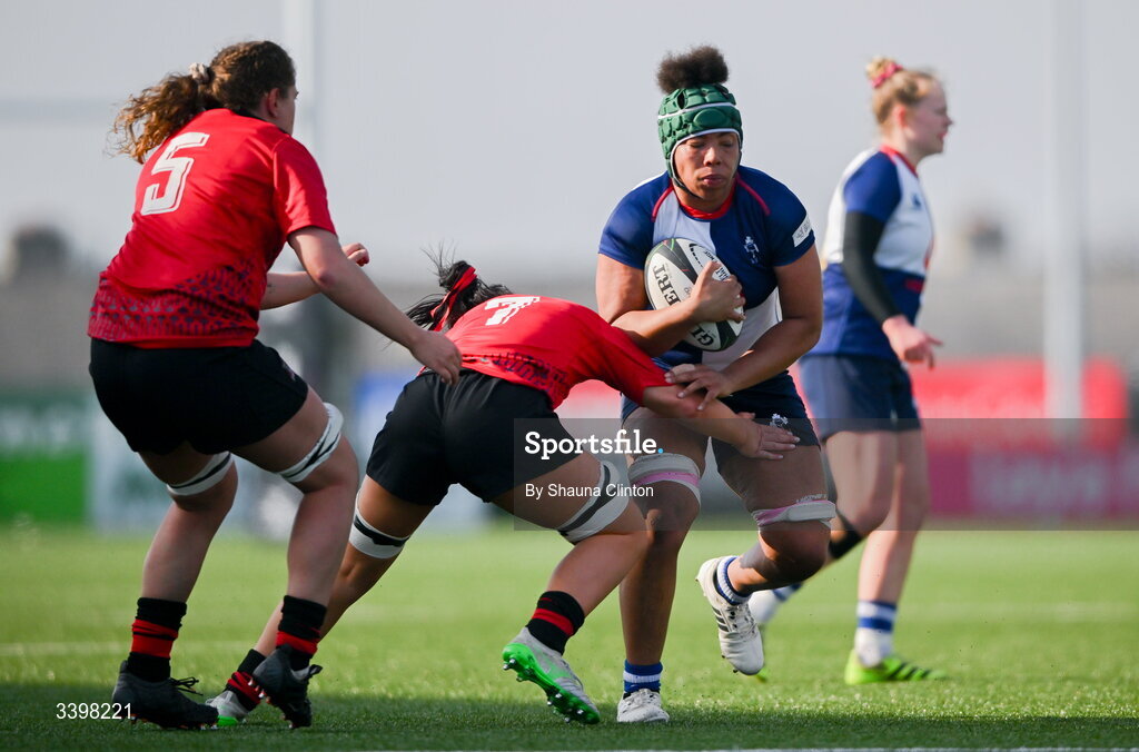21 March 2026; Grace Moore of Wolfhounds is tackled by Lucy Isaac of Brython Thunder during the Celtic Challenge semi-final match between Wolfhounds and Brython Thunder at Dexcom Stadium in Galway. Photo by Shauna Clinton/Sportsfile