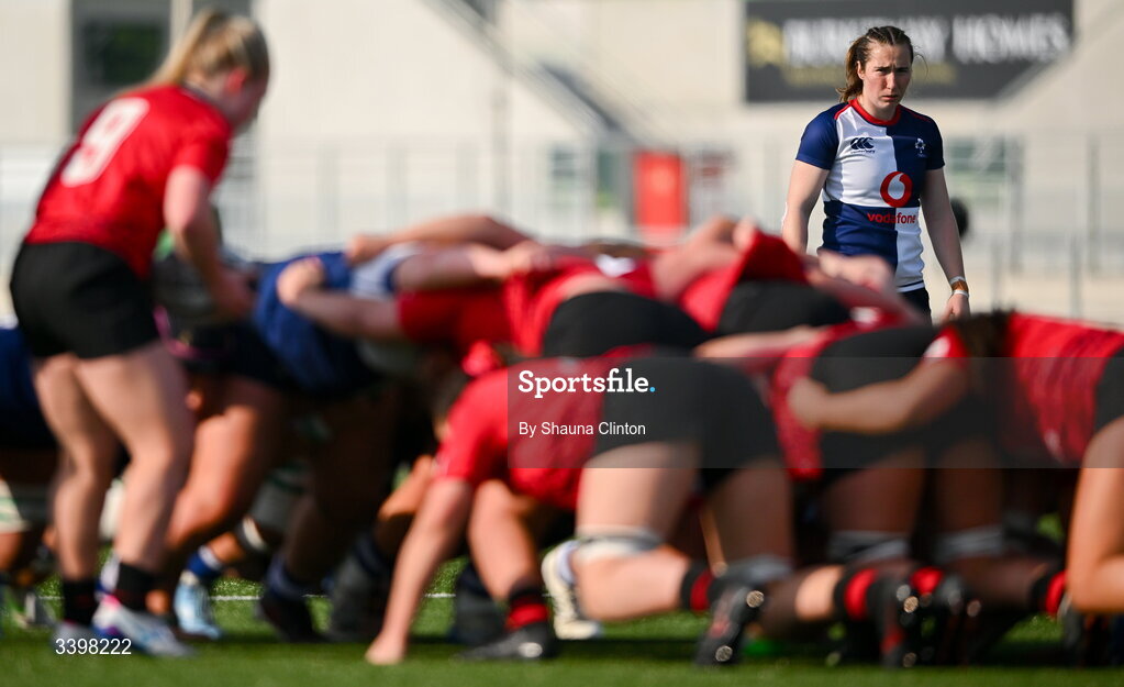 21 March 2026; Eve Higgins of Wolfhounds during the Celtic Challenge semi-final match between Wolfhounds and Brython Thunder at Dexcom Stadium in Galway. Photo by Shauna Clinton/Sportsfile