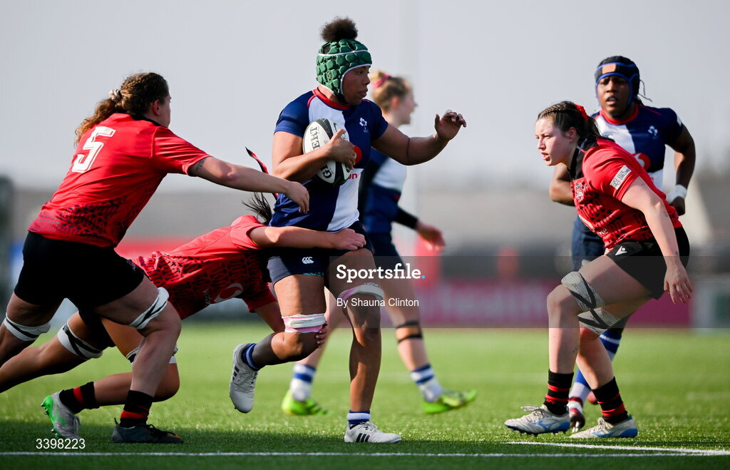 21 March 2026; Grace Moore of Wolfhounds is tackled by Lucy Isaac of Brython Thunder during the Celtic Challenge semi-final match between Wolfhounds and Brython Thunder at Dexcom Stadium in Galway. Photo by Shauna Clinton/Sportsfile