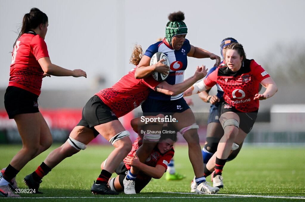 21 March 2026; Grace Moore of Wolfhounds is tackled by Lucy Isaac of Brython Thunder during the Celtic Challenge semi-final match between Wolfhounds and Brython Thunder at Dexcom Stadium in Galway. Photo by Shauna Clinton/Sportsfile