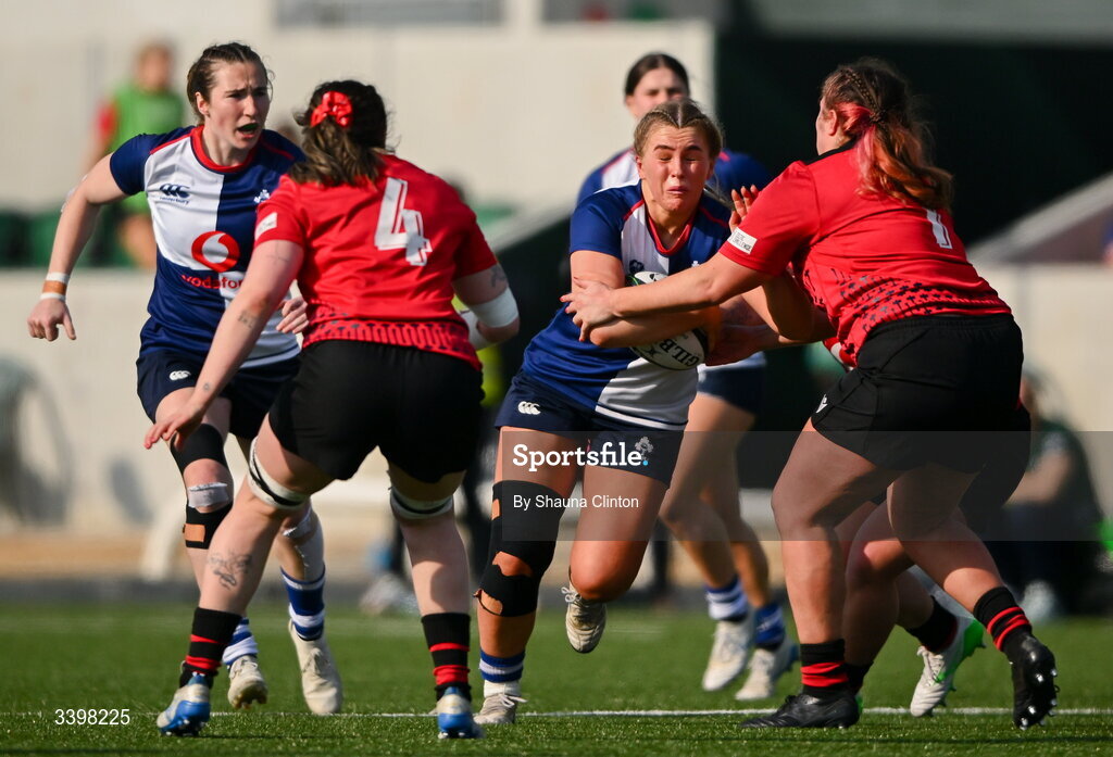 21 March 2026; Dorothy Wall of Wolfhounds in action against Stella Orrin of Brython Thunder during the Celtic Challenge semi-final match between Wolfhounds and Brython Thunder at Dexcom Stadium in Galway. Photo by Shauna Clinton/Sportsfile