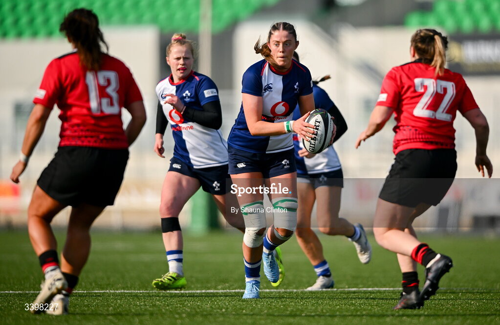 21 March 2026; Naoise Smyth of Wolfhounds during the Celtic Challenge semi-final match between Wolfhounds and Brython Thunder at Dexcom Stadium in Galway. Photo by Shauna Clinton/Sportsfile
