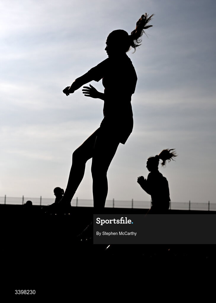 21 March 2026; Galway players warm up before the Lidl Ladies National Football League Division 1 Round 6 match between Galway and Dublin at Tuam Stadium in Tuam, Galway. Photo by Stephen McCarthy/Sportsfile