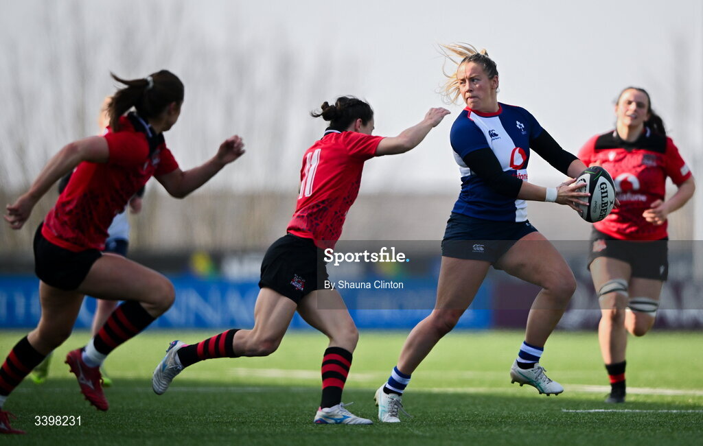 21 March 2026; Stacey Flood of Wolfhounds during the Celtic Challenge semi-final match between Wolfhounds and Brython Thunder at Dexcom Stadium in Galway. Photo by Shauna Clinton/Sportsfile