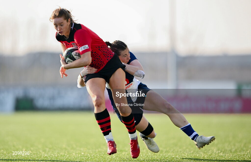 21 March 2026; Lisa Neumann of Brython Thunder is tackled by Eve Higgins of Wolfhounds during the Celtic Challenge semi-final match between Wolfhounds and Brython Thunder at Dexcom Stadium in Galway. Photo by Shauna Clinton/Sportsfile