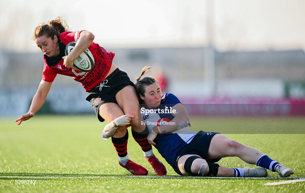 21 March 2026; Lisa Neumann of Brython Thunder is tackled by Eve Higgins of Wolfhounds during the Celtic Challenge semi-final match between Wolfhounds and Brython Thunder at Dexcom Stadium in Galway. Photo by Shauna Clinton/Sportsfile