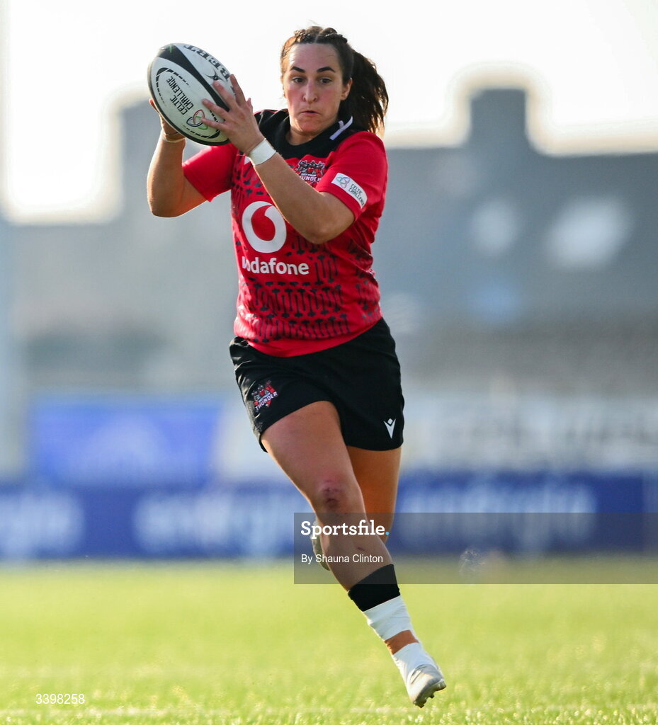 21 March 2026; Courtney Keight of Brython Thunder during the Celtic Challenge semi-final match between Wolfhounds and Brython Thunder at Dexcom Stadium in Galway. Photo by Shauna Clinton/Sportsfile