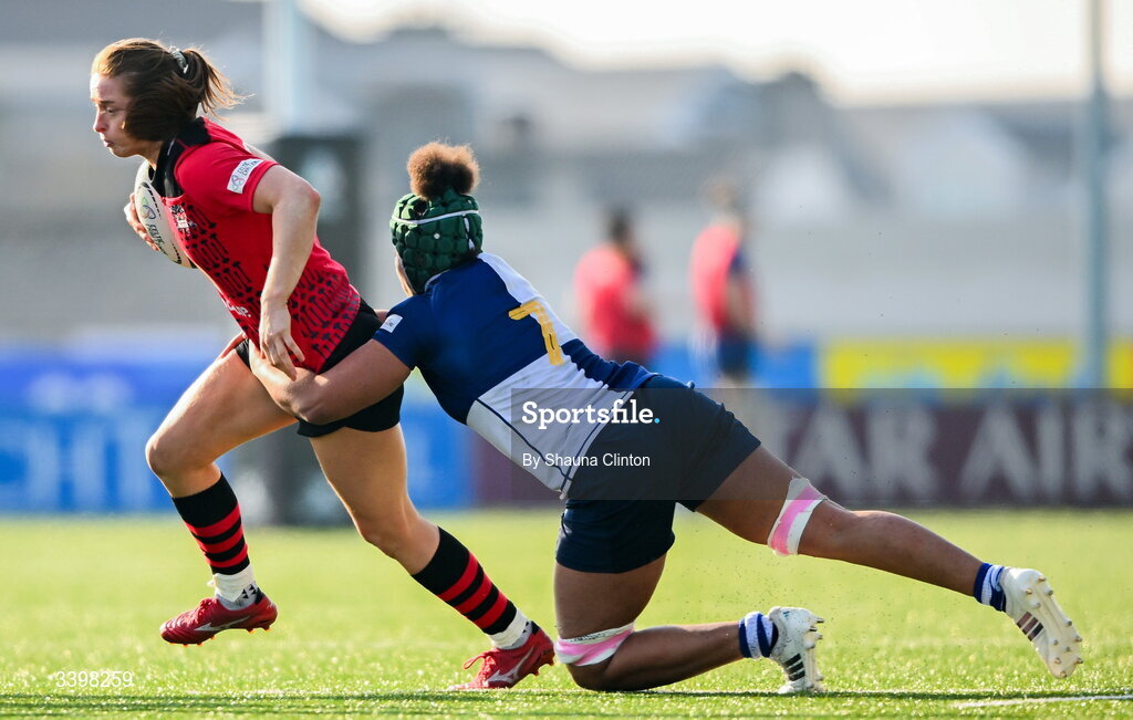 21 March 2026; Robyn Davies of Brython Thunder is tackled by Grace Moore of Wolfhounds during the Celtic Challenge semi-final match between Wolfhounds and Brython Thunder at Dexcom Stadium in Galway. Photo by Shauna Clinton/Sportsfile