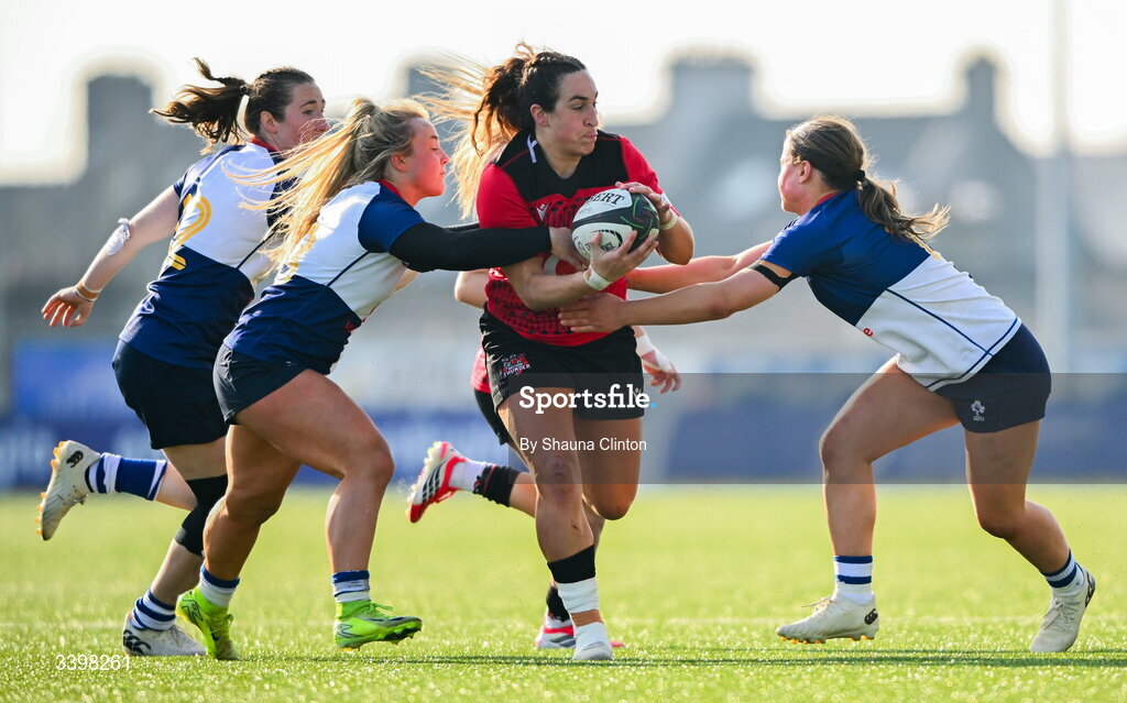 21 March 2026; Courtney Keight of Brython Thunder is tackled by Wolfhounds players Aoife Dalton, left, and Robyn O'Connor during the Celtic Challenge semi-final match between Wolfhounds and Brython Thunder at Dexcom Stadium in Galway. Photo by Shauna Clinton/Sportsfile