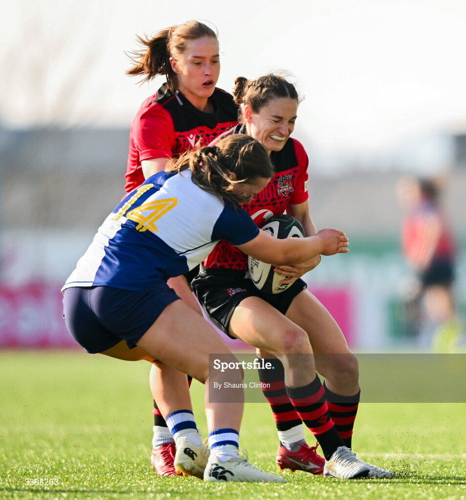 21 March 2026; Seren Singleton of Brython Thunder is tackled by Robyn O'Connor of Wolfhounds during the Celtic Challenge semi-final match between Wolfhounds and Brython Thunder at Dexcom Stadium in Galway. Photo by Shauna Clinton/Sportsfile