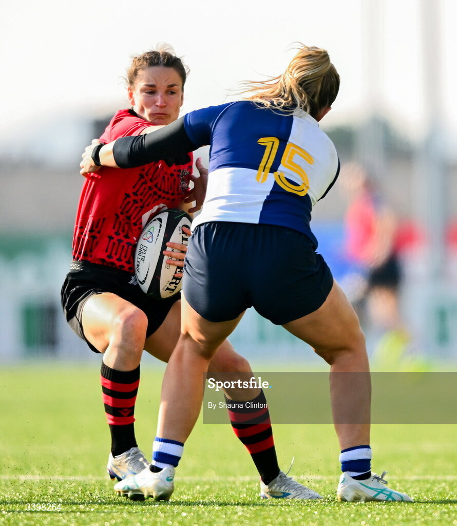 21 March 2026; Seren Singleton of Brython Thunder in action against Stacey Flood of Wolfhounds during the Celtic Challenge semi-final match between Wolfhounds and Brython Thunder at Dexcom Stadium in Galway. Photo by Shauna Clinton/Sportsfile