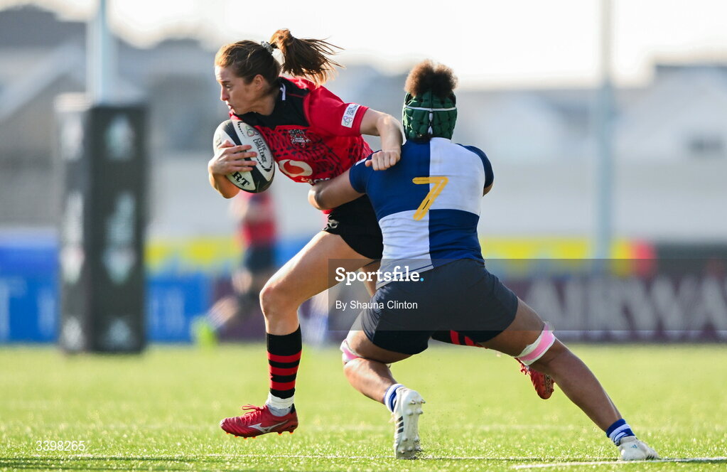 21 March 2026; Robyn Davies of Brython Thunder is tackled by Grace Moore of Wolfhounds during the Celtic Challenge semi-final match between Wolfhounds and Brython Thunder at Dexcom Stadium in Galway. Photo by Shauna Clinton/Sportsfile