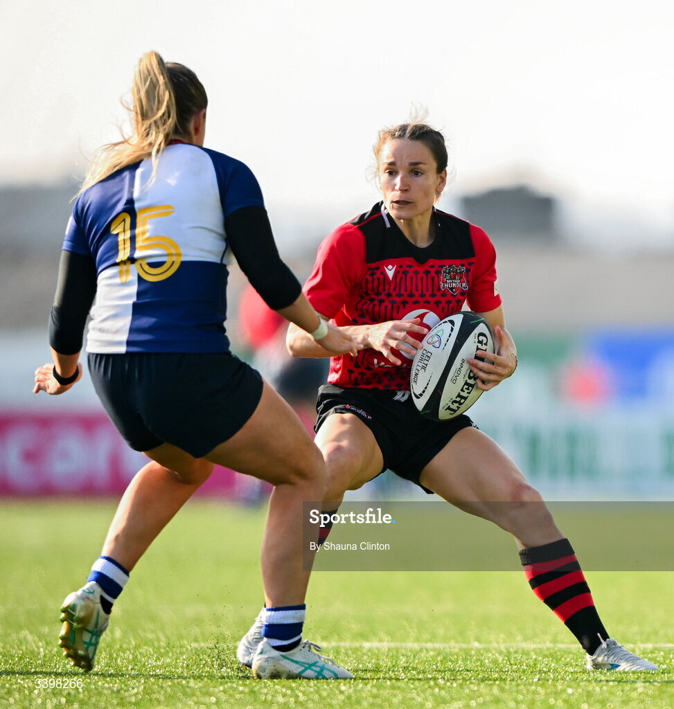 21 March 2026; Seren Singleton of Brython Thunder in action against Stacey Flood of Wolfhounds during the Celtic Challenge semi-final match between Wolfhounds and Brython Thunder at Dexcom Stadium in Galway. Photo by Shauna Clinton/Sportsfile