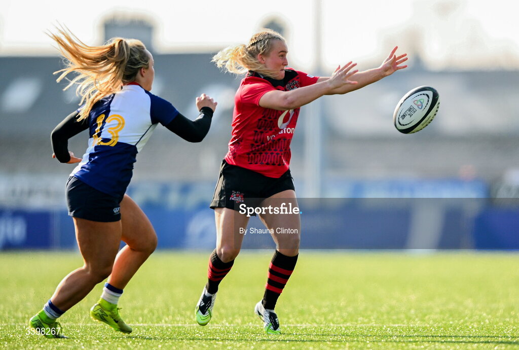 21 March 2026; Seren Lockwood of Brython Thunder in action against Aoife Dalton of Wolfhounds during the Celtic Challenge semi-final match between Wolfhounds and Brython Thunder at Dexcom Stadium in Galway. Photo by Shauna Clinton/Sportsfile