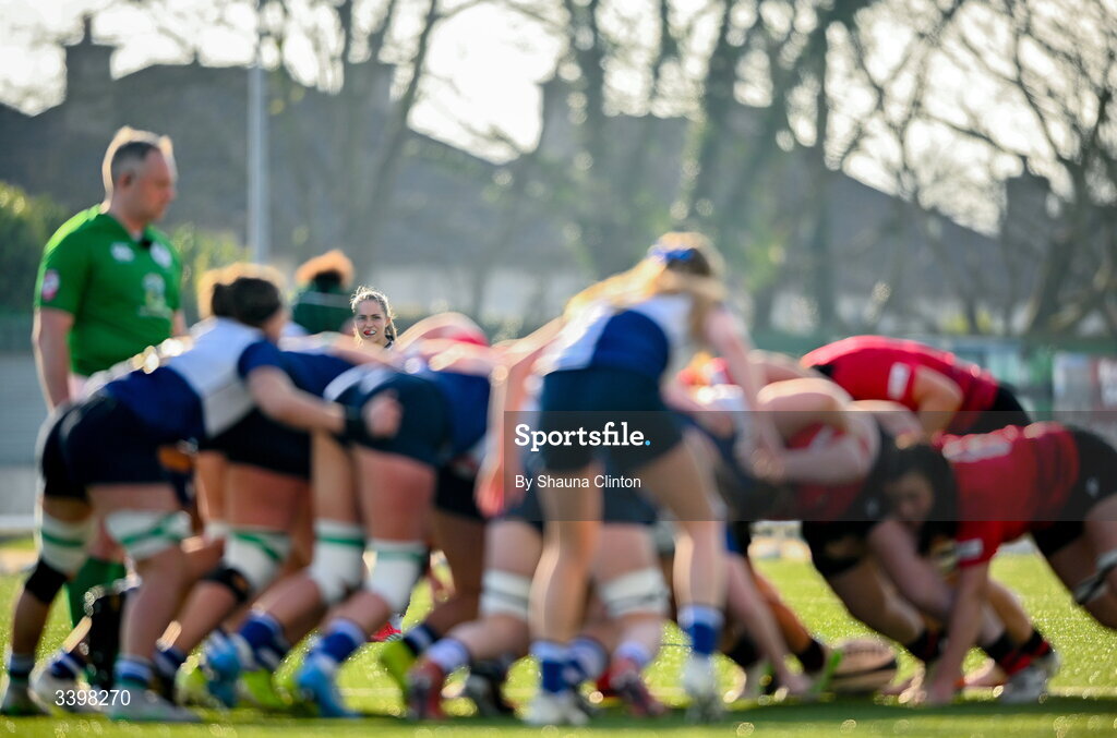 21 March 2026; Lisa Neumann of Brython Thunder looks on as players engage in a scrum during the Celtic Challenge semi-final match between Wolfhounds and Brython Thunder at Dexcom Stadium in Galway. Photo by Shauna Clinton/Sportsfile