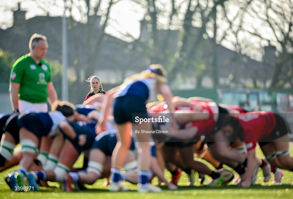 21 March 2026; Lisa Neumann of Brython Thunder looks on as players engage in a scrum during the Celtic Challenge semi-final match between Wolfhounds and Brython Thunder at Dexcom Stadium in Galway. Photo by Shauna Clinton/Sportsfile