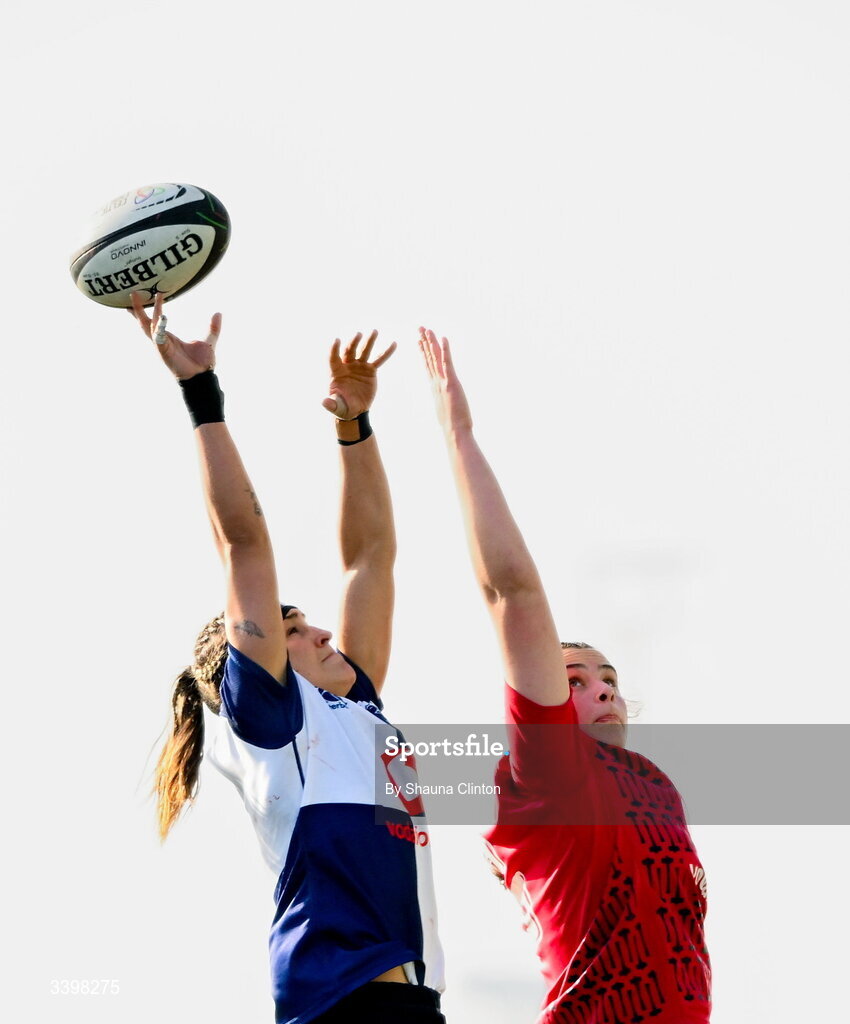 21 March 2026; Erin King of Wolfhounds wins possession in a lineout during the Celtic Challenge semi-final match between Wolfhounds and Brython Thunder at Dexcom Stadium in Galway. Photo by Shauna Clinton/Sportsfile