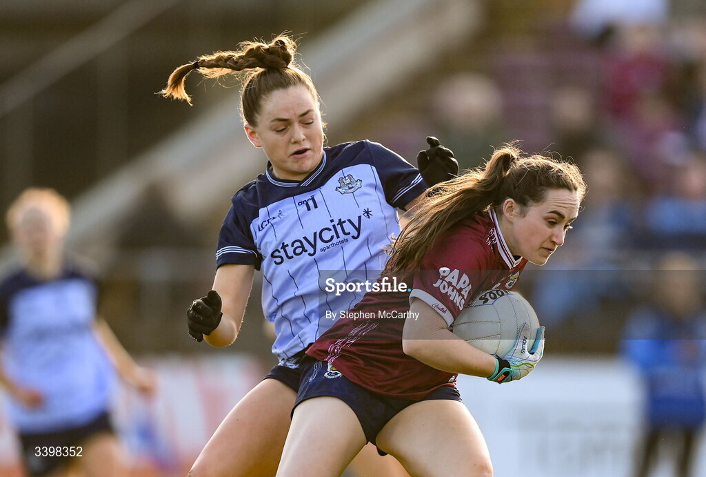 21 March 2026; Bronagh Quinn of Galway and Laura Grendon of Dublin during the Lidl Ladies National Football League Division 1 Round 6 match between Galway and Dublin at Tuam Stadium in Tuam, Galway. Photo by Stephen McCarthy/Sportsfile