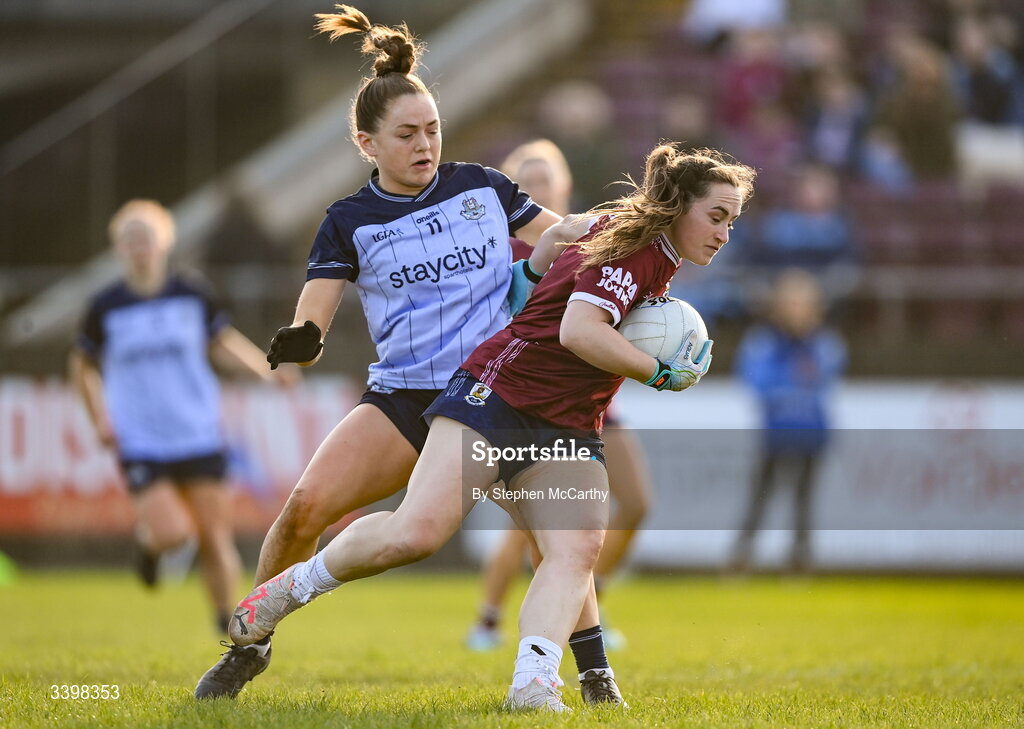 21 March 2026; Bronagh Quinn of Galway and Laura Grendon of Dublin during the Lidl Ladies National Football League Division 1 Round 6 match between Galway and Dublin at Tuam Stadium in Tuam, Galway. Photo by Stephen McCarthy/Sportsfile