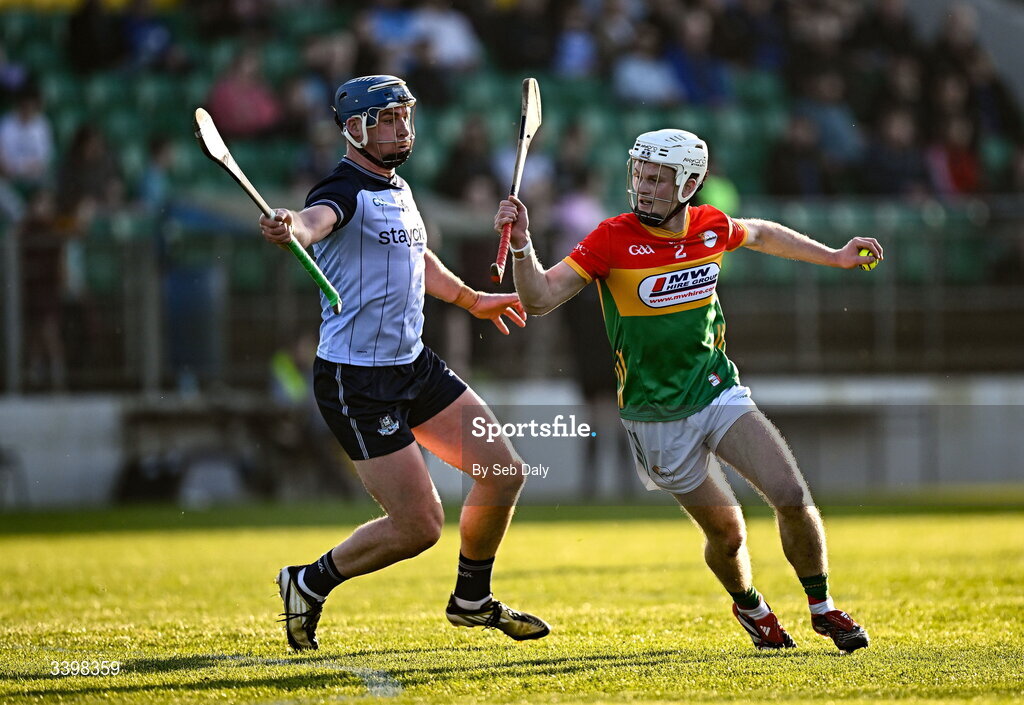 21 March 2026; Conaill Fitzpatrick of Carlow in action against John Hetherton of Dublin during the Allianz Hurling League Division 1B match between Carlow and Dublin at Netwatch Cullen Park in Carlow. Photo by Seb Daly/Sportsfile