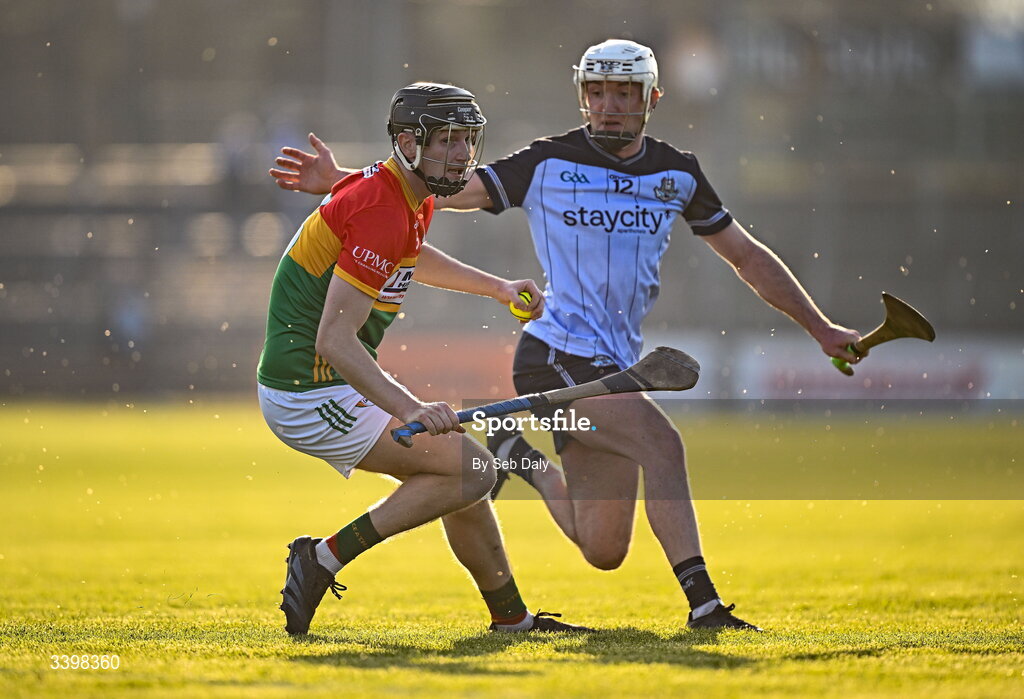 21 March 2026; Evan Kealy of Carlow in action against Darragh Power of Dublin during the Allianz Hurling League Division 1B match between Carlow and Dublin at Netwatch Cullen Park in Carlow. Photo by Seb Daly/Sportsfile