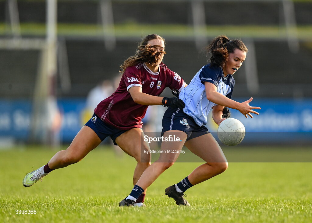 21 March 2026; Annabelle Timothy of Dublin iaa Niamh Divilly of Galway during the Lidl Ladies National Football League Division 1 Round 6 match between Galway and Dublin at Tuam Stadium in Tuam, Galway. Photo by Stephen McCarthy/Sportsfile