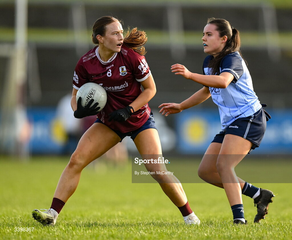 21 March 2026; Niamh Divilly of Galway in action against Annabelle Timothy of Dublin during the Lidl Ladies National Football League Division 1 Round 6 match between Galway and Dublin at Tuam Stadium in Tuam, Galway. Photo by Stephen McCarthy/Sportsfile