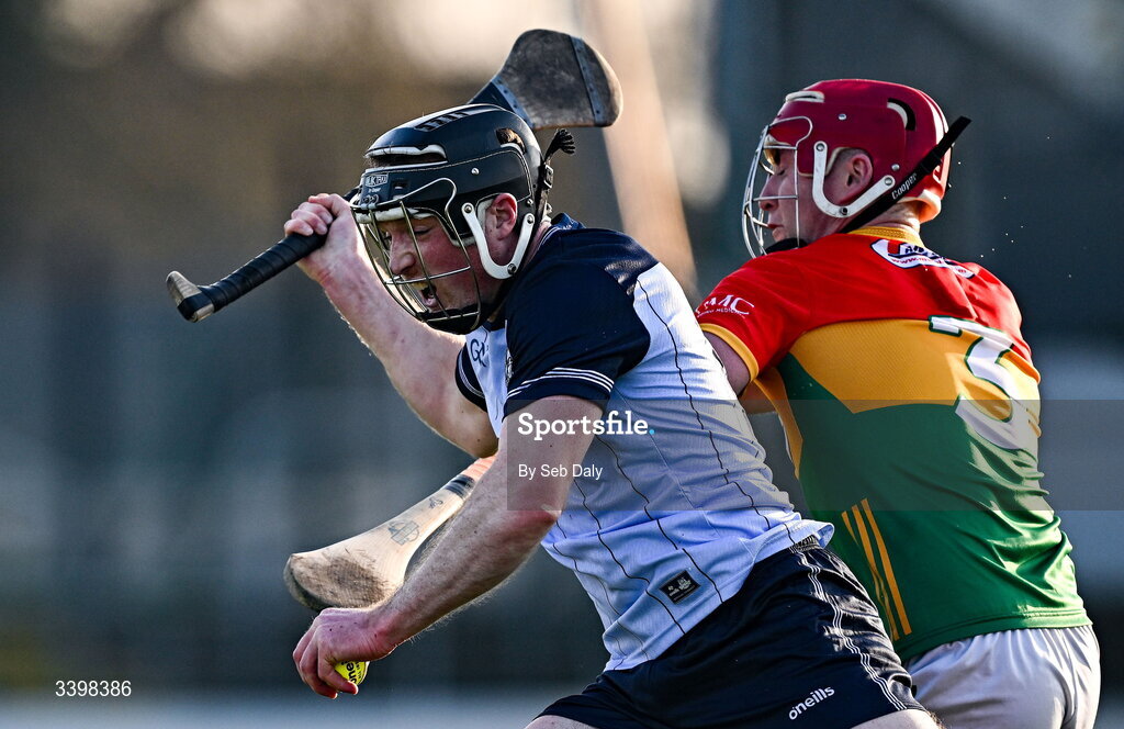 21 March 2026; Cian O’Sullivan of Dublin in action against Dion Wall of Carlow during the Allianz Hurling League Division 1B match between Carlow and Dublin at Netwatch Cullen Park in Carlow. Photo by Seb Daly/Sportsfile
