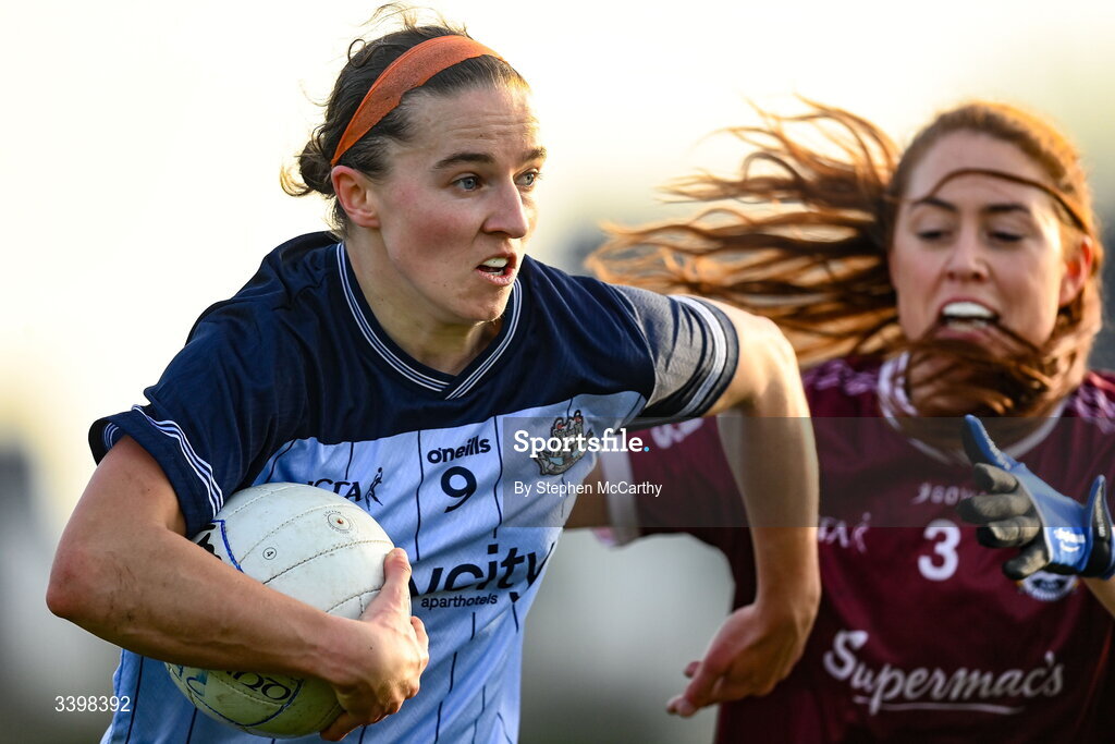 21 March 2026; Orlagh Nolan of Dublin in action against Sarah Ní Loingsigh of Galway during the Lidl Ladies National Football League Division 1 Round 6 match between Galway and Dublin at Tuam Stadium in Tuam, Galway. Photo by Stephen McCarthy/Sportsfile