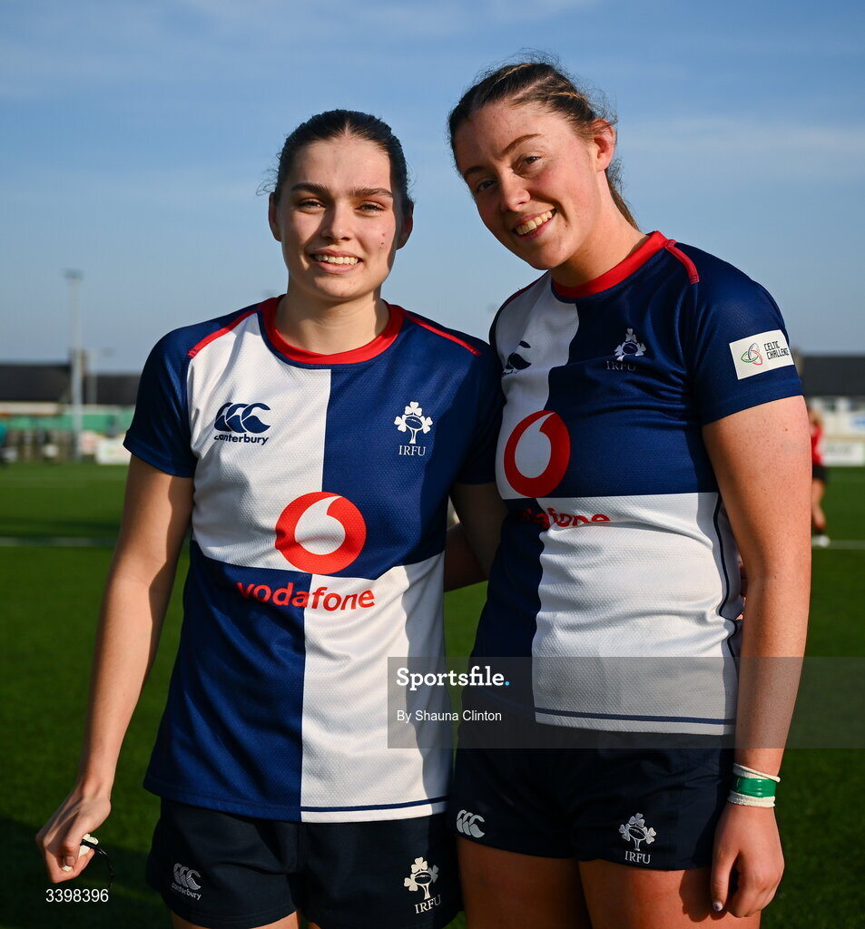 21 March 2026; Wolfhounds players Clíodhna Ní Chonchobhair, left, and Naoise Smyth after the Celtic Challenge semi-final match between Wolfhounds and Brython Thunder at Dexcom Stadium in Galway. Photo by Shauna Clinton/Sportsfile