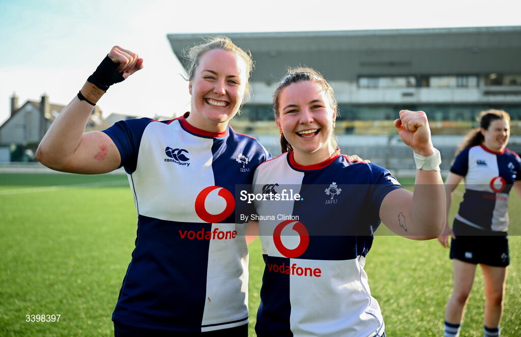 21 March 2026; Wolfhounds players Fiona Tuite, left, and Sarah Delaney after the Celtic Challenge semi-final match between Wolfhounds and Brython Thunder at Dexcom Stadium in Galway. Photo by Shauna Clinton/Sportsfile