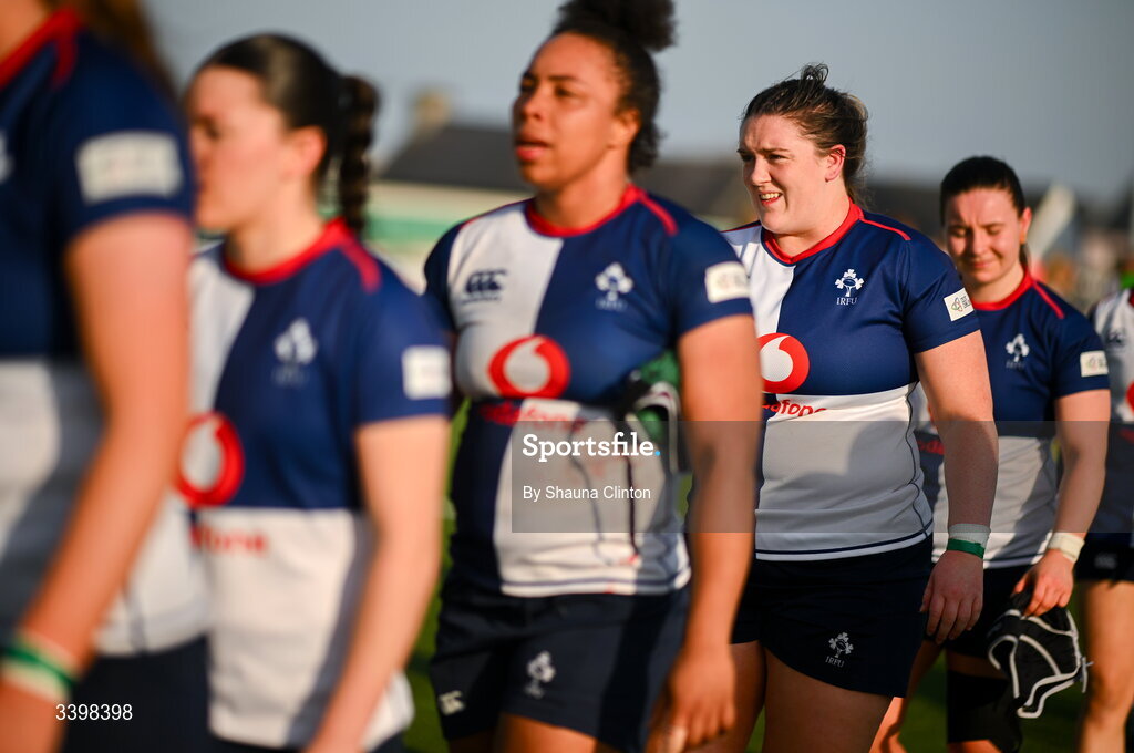 21 March 2026; Wolfhounds players, including Hannah Wilson, right, after the Celtic Challenge semi-final match between Wolfhounds and Brython Thunder at Dexcom Stadium in Galway. Photo by Shauna Clinton/Sportsfile