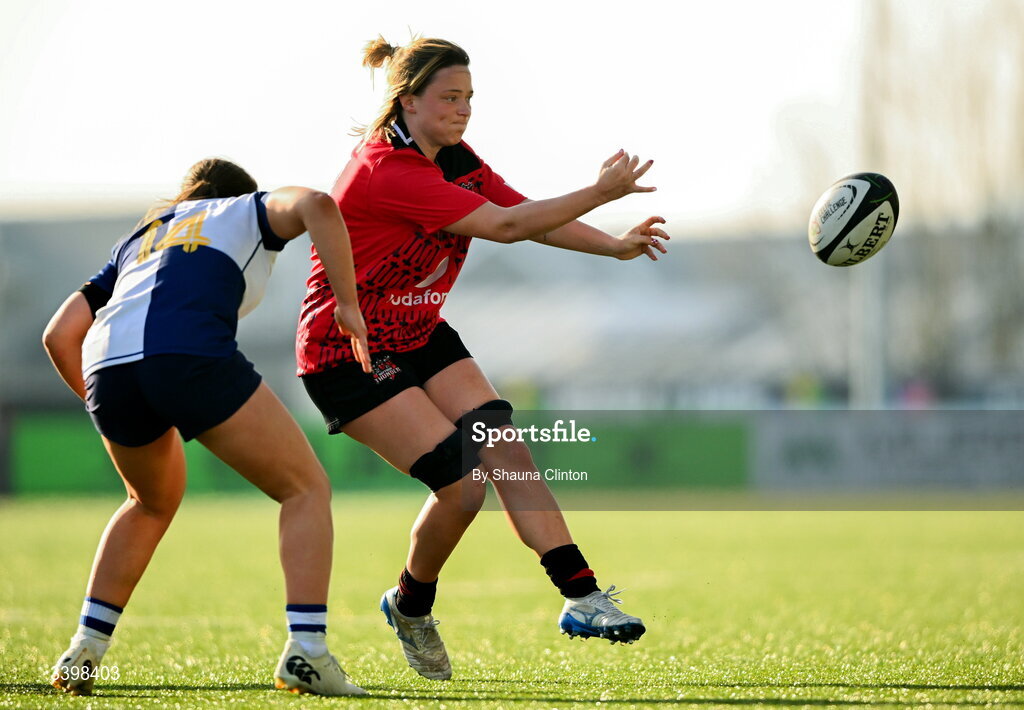 21 March 2026; Alisha Joyce of Brython Thunder in action against Robyn O'Connor of Wolfhounds during the Celtic Challenge semi-final match between Wolfhounds and Brython Thunder at Dexcom Stadium in Galway. Photo by Shauna Clinton/Sportsfile