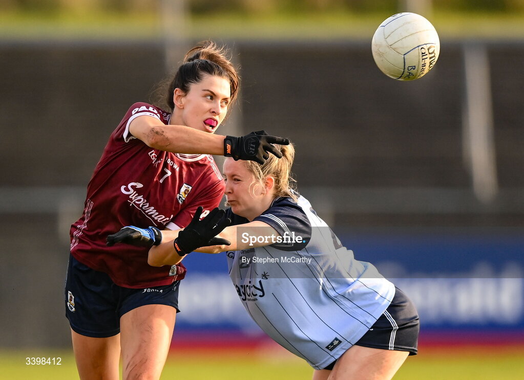 21 March 2026; Ellen Power of Galway is tackled by Caoimhe O'Connor of Dublin during the Lidl Ladies National Football League Division 1 Round 6 match between Galway and Dublin at Tuam Stadium in Tuam, Galway. Photo by Stephen McCarthy/Sportsfile