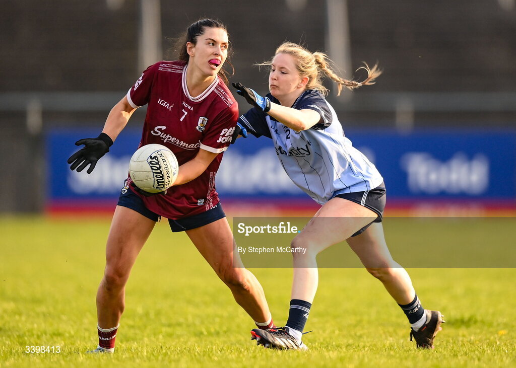 21 March 2026; Ellen Power of Galway is tackled by Caoimhe O'Connor of Dublin during the Lidl Ladies National Football League Division 1 Round 6 match between Galway and Dublin at Tuam Stadium in Tuam, Galway. Photo by Stephen McCarthy/Sportsfile